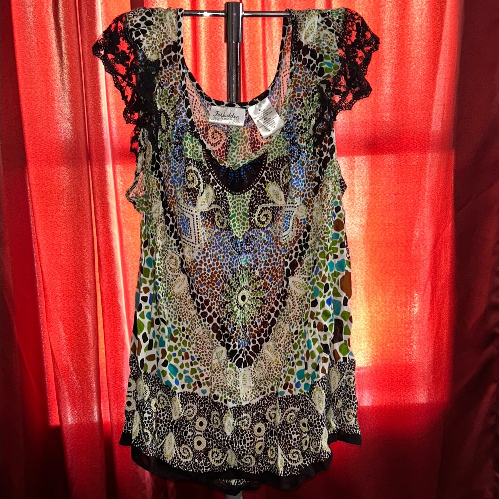 Desigual Colorful Patterned Blouse with Lace Sleeves
